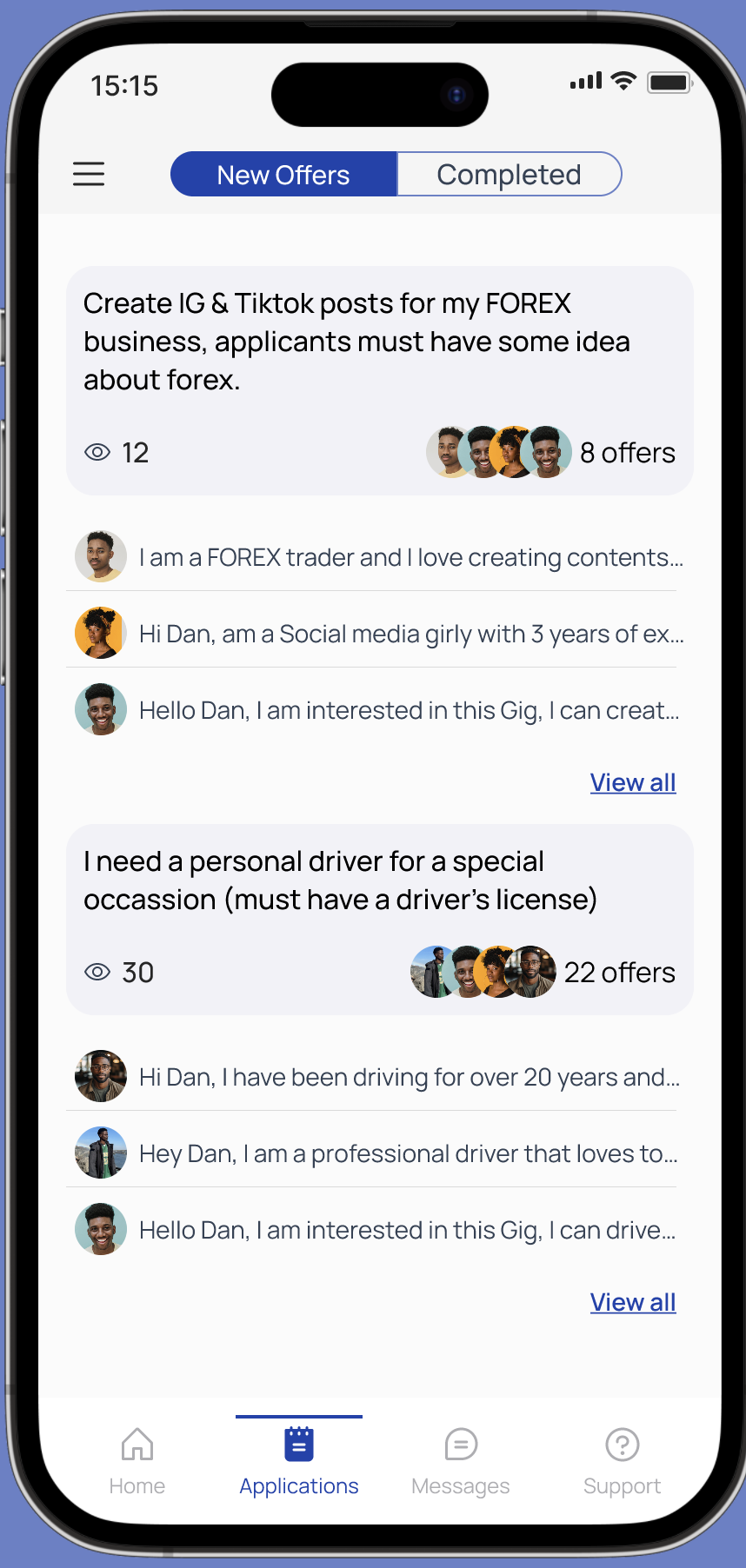 Hustle app Applications screen showing the New Offers tab with active gig opportunities, offer counts and applicant message previews