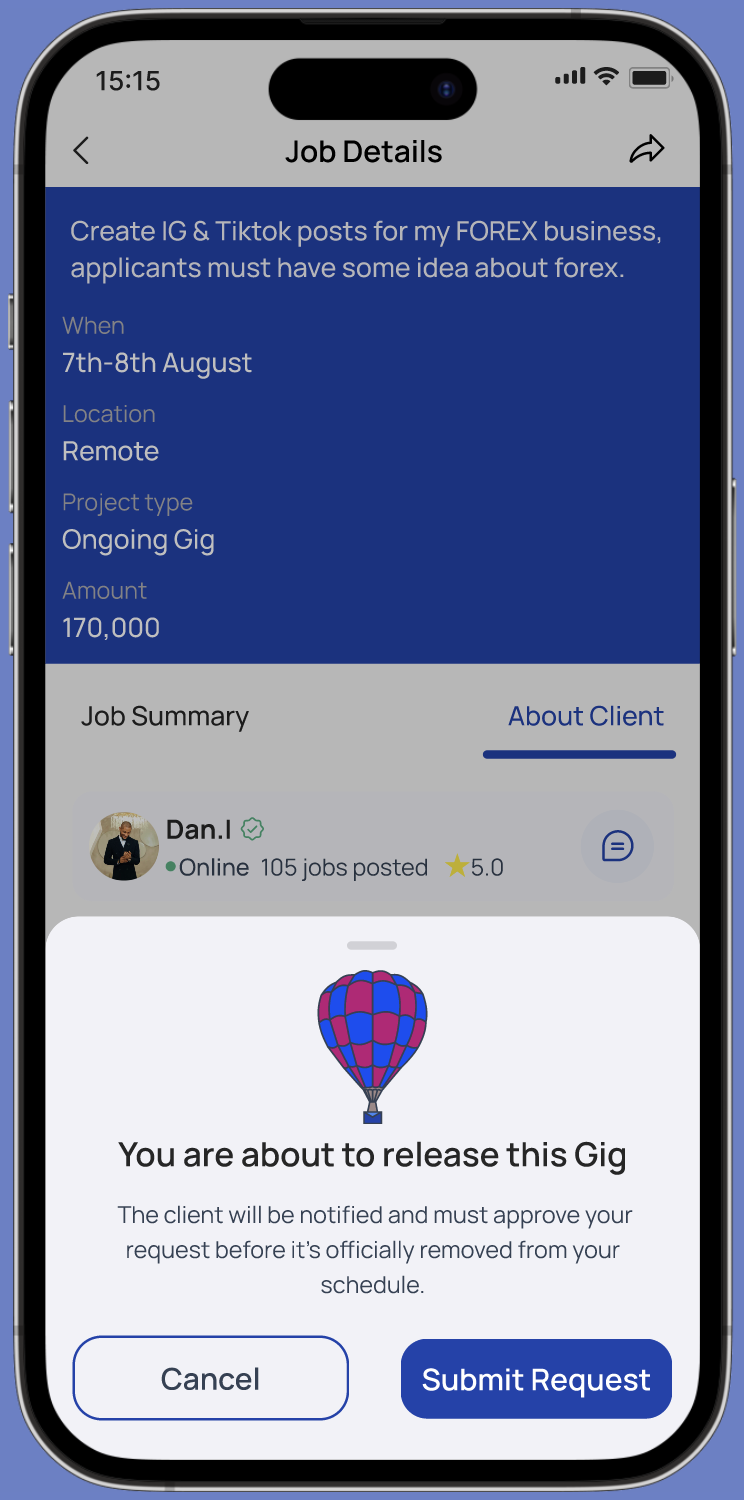 Hustle app client home screen showing a profile completion prompt, Quick Tasks shortcuts and a list of Top Hustlers nearby with their skills and distance