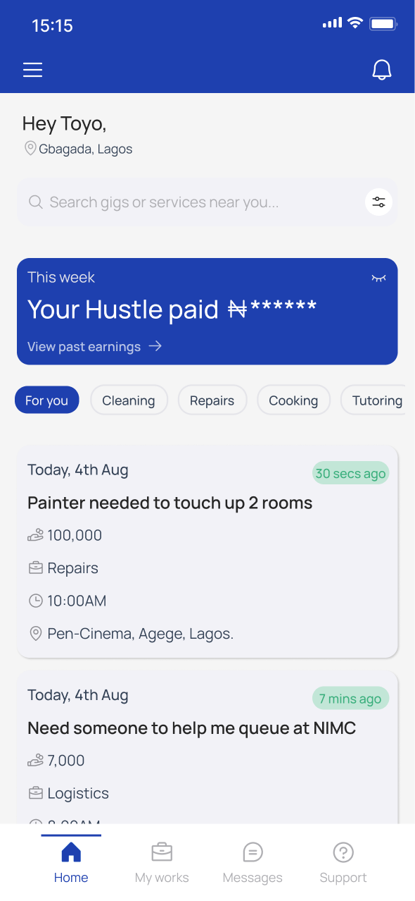 Hustle app home screen showing personalised greeting, weekly earnings card, gig category pills and a list of nearby job listings