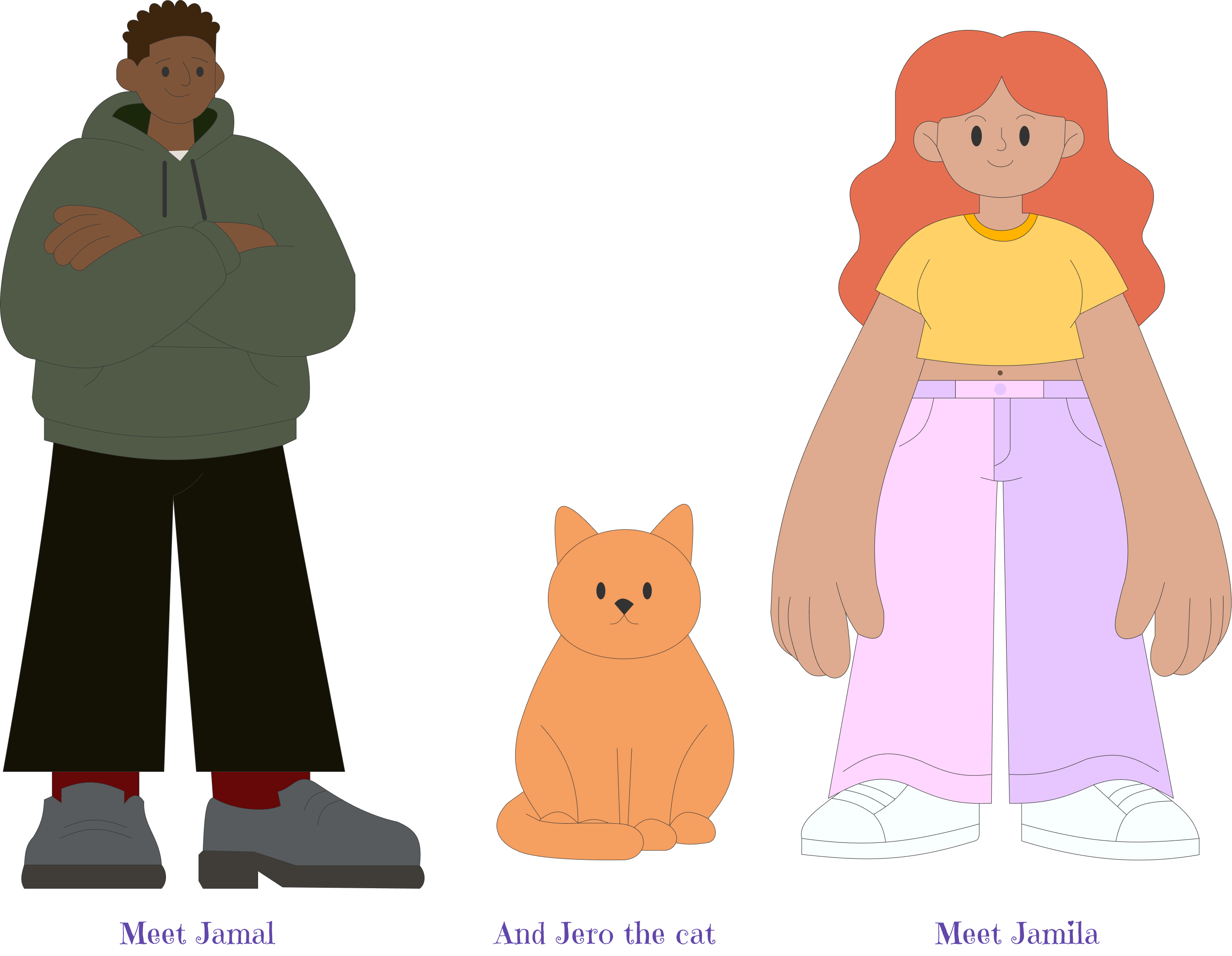 KUDOS characters — Meet Jamal (Black man in green hoodie), Meet Jamila (woman with red hair in yellow top and purple pants), And Jero the cat (orange tabby)