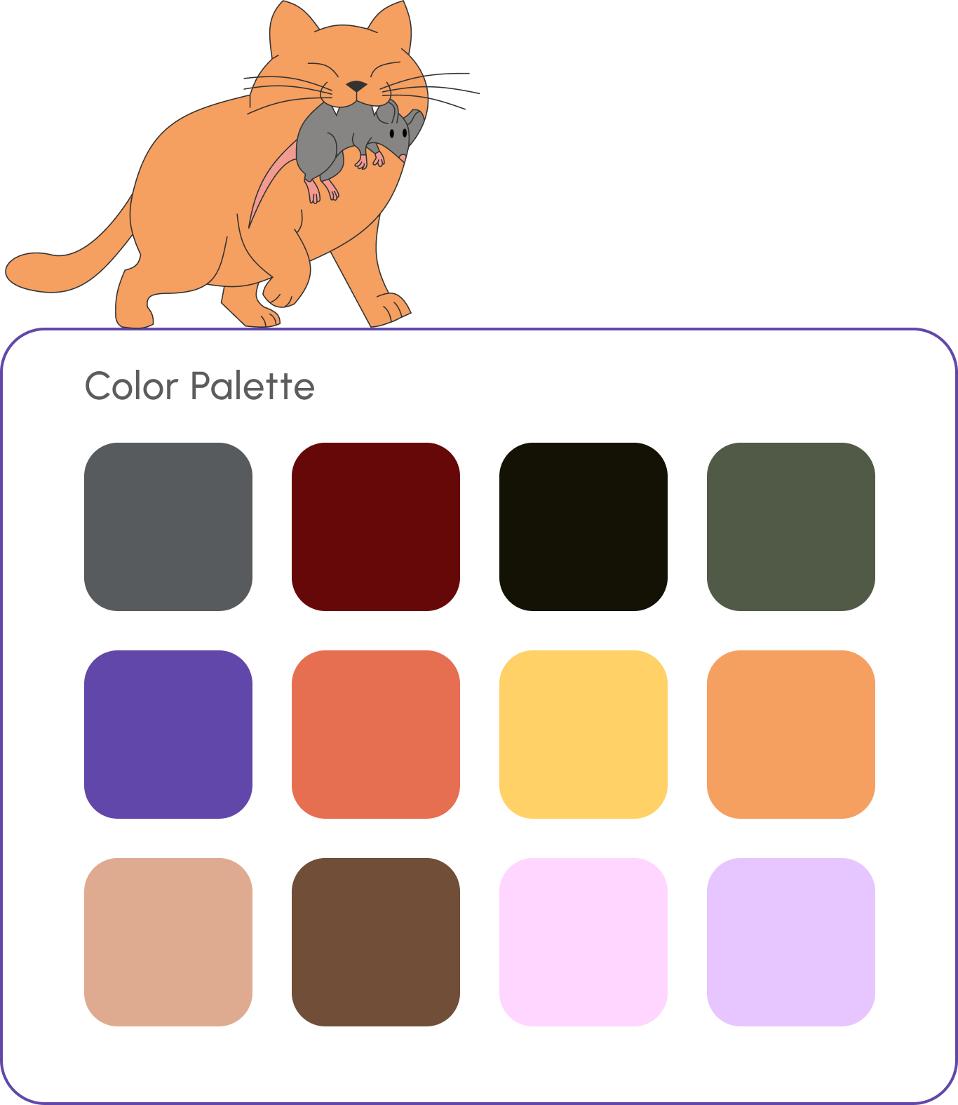 KUDOS color palette — twelve swatches arranged in three rows: neutrals (grey, maroon, black, forest green), brand colors (purple, coral, yellow, orange), and skin/accent tones (peach, brown, soft pink, lavender)