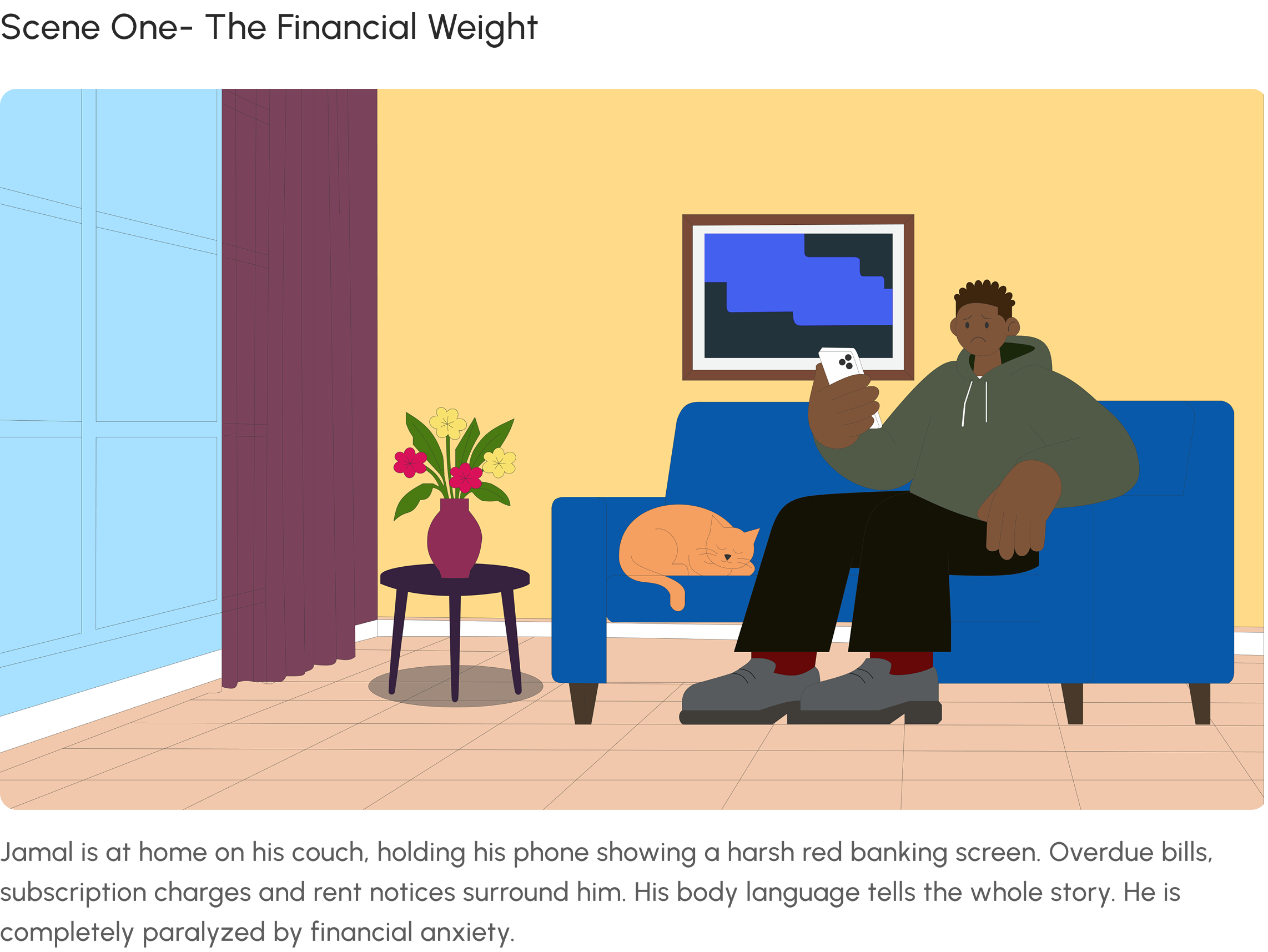 Scene One: The Financial Weight — Jamal sits on his couch holding his phone showing a harsh red banking screen. Overdue bills, subscription charges and rent notices surround him. His body language tells the whole story. He is completely paralyzed by financial anxiety.