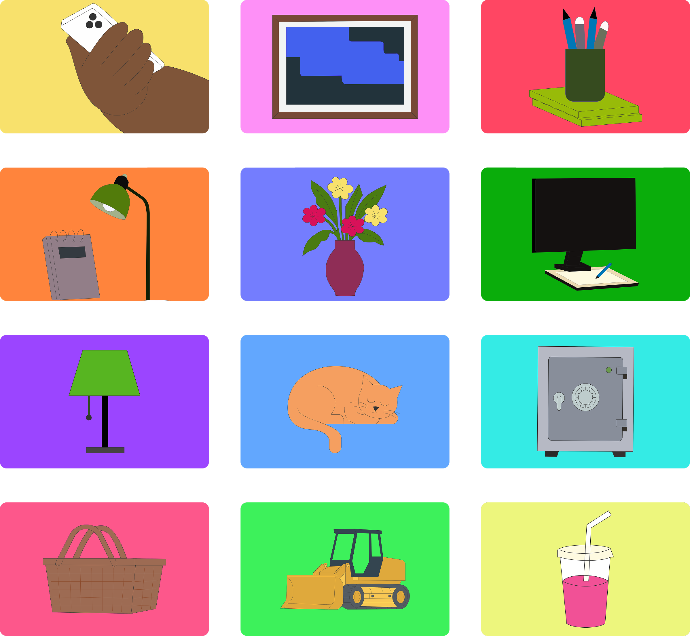 KUDOS spot illustrations — a 3×4 grid of objects from Jamal's world: hand holding phone, framed artwork, pencil cup, desk lamp, flower vase, computer monitor, table lamp, sleeping cat, vault safe, picnic basket, bulldozer, and a drink cup