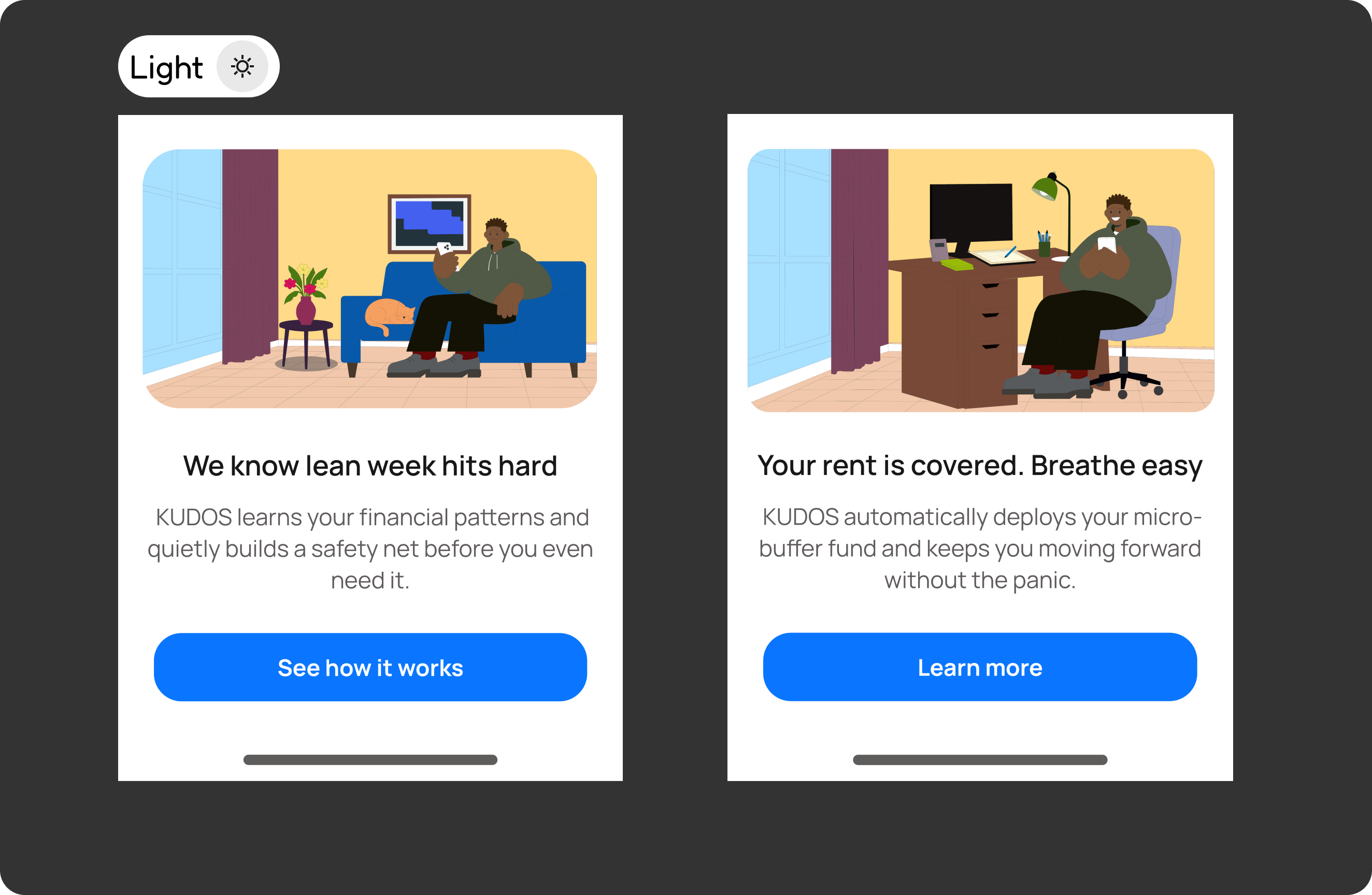 KUDOS mobile UI light mode — two phone screens showing the onboarding illustrations: 'We know lean week hits hard' and 'Your rent is covered. Breathe easy' with blue CTA buttons