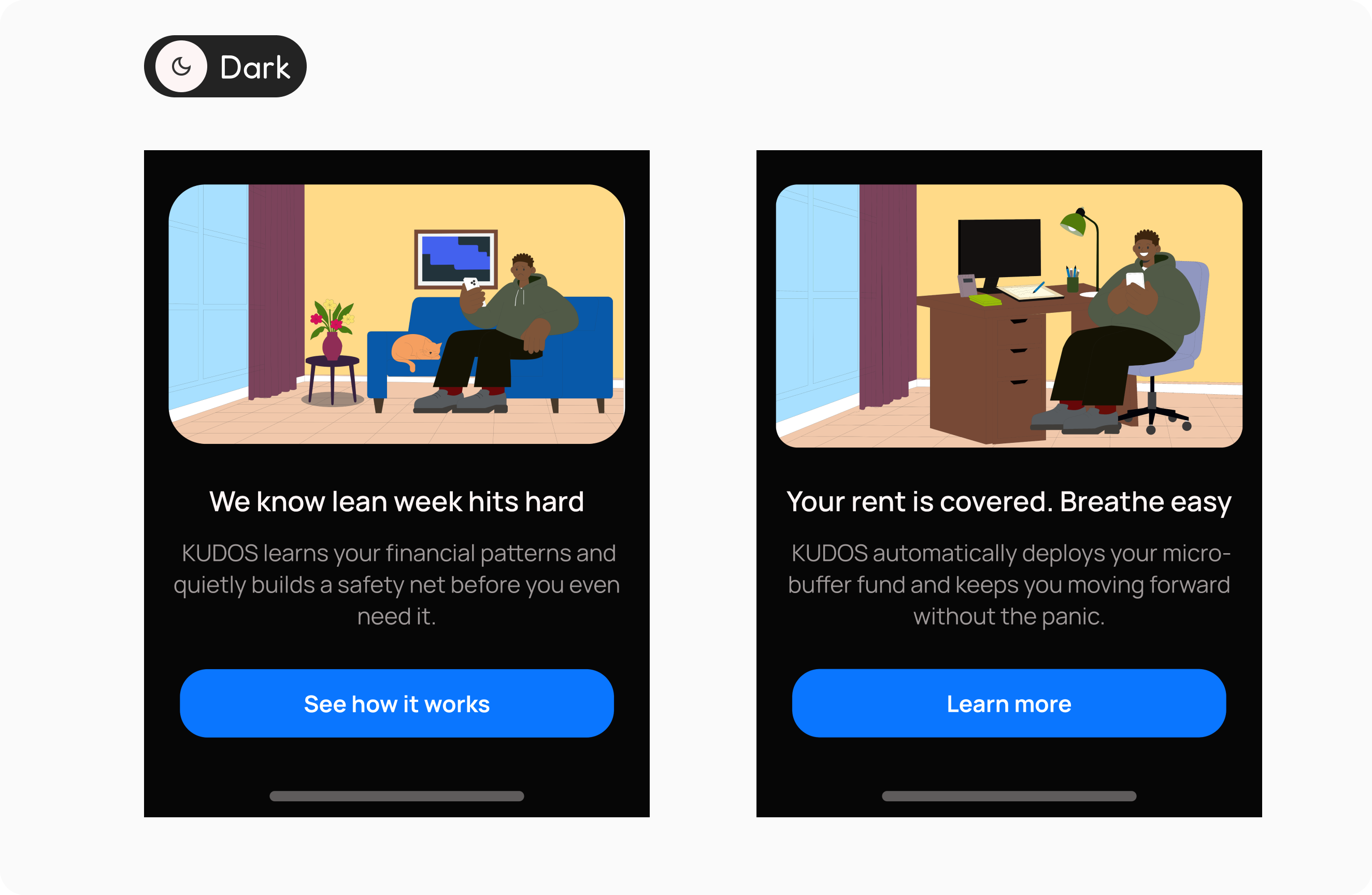 KUDOS mobile UI dark mode — same two screens with dark black backgrounds and the same illustrations showing warm emotional contrast