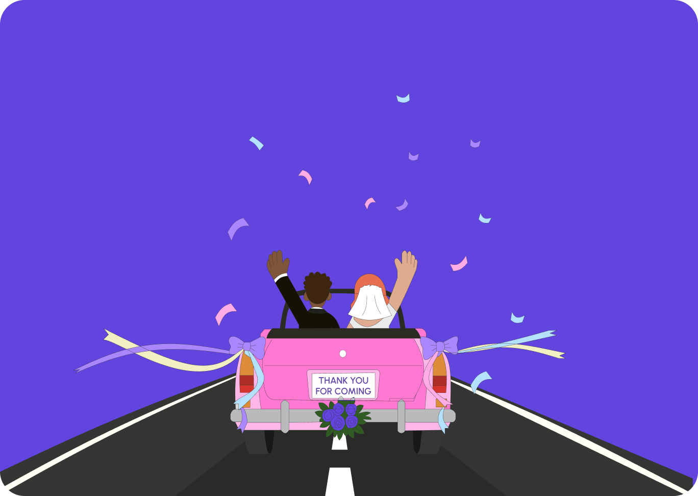 KUDOS Illustration System hero — Jamal and Jamila celebrating in a pink wedding car on a purple road, confetti filling the air