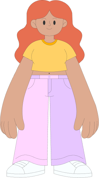 Meet Jamila — woman with red hair in yellow top and purple pants